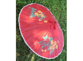 Japanese Umbrella - Floral Design With Red Background - NEW In Box -