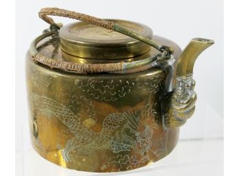 Vintage Chinese Brass Teapot With Two Handles And Embossed Dragons