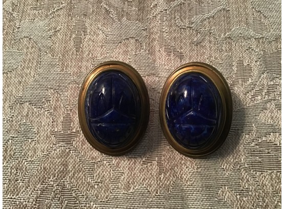 Vintage Gold Tone And Navy Scarab Earrings
