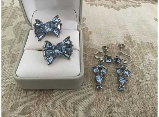 Two Pairs Of Vintage Blue Rhinestone Earrings - Lot #8