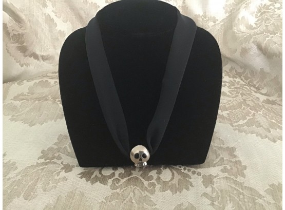Silvered Skull On Black Necklace - Lot #14