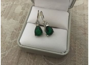Sparkling Silvered And Green Rhinestone Earrings - Lot #7