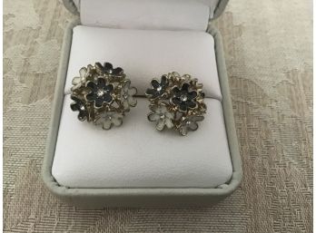 Floral Black And White And Rhinestone Earrings - Lot #13