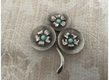 Contemporary Silvered And Turquoise Colored Pin