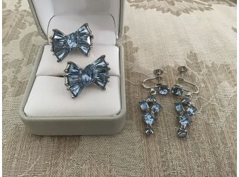 Two Pairs Of Vintage Blue Rhinestone Earrings - Lot #8
