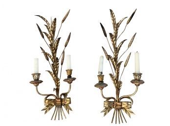 Pair Of Gold Gilt Gathered Wheat Wall Sconces