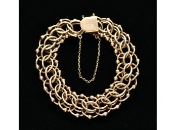 14K Gold Vintage 1950-60's Double Strand Bracelet With Interlaced  Rings And Beaded Accents 48.4g