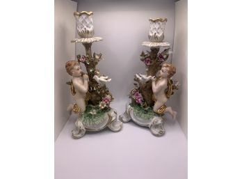 Pair Sorelle Figural Porcelain Candlesticks