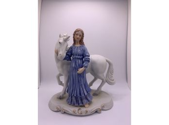 Enesco Porcelain Young Girl And Unicorn Figural Group