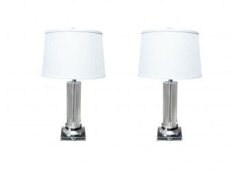 Set Of 2 Grey Lamp Shade With  Glass And Chrome Column Lamp