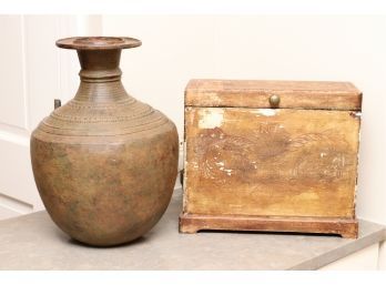 Set Of 2 Rustic Metal Vase And Distressed Wood Distressed Box