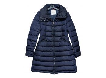Moncler  Navy Blue Long Channel Down Puffer Coat With Stand Collar ($1500)