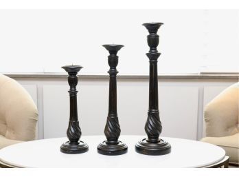 Set Of 3 Ebony Distressed Wooden Pillar Candle Holders