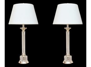 Set Of 2  Lucite Style Crystal Column Table Lamps With Chrome Detailing