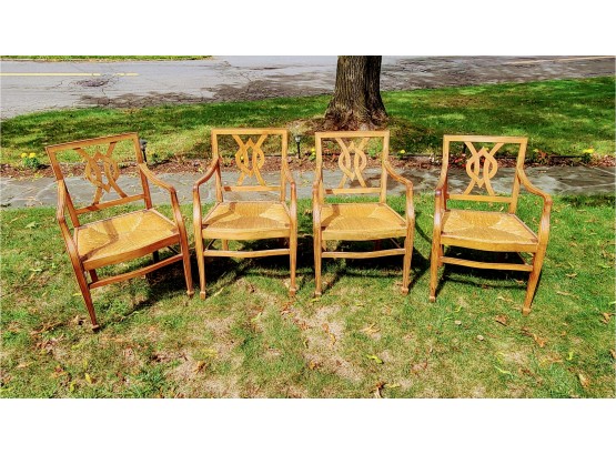 Set Of 4- Rush Seat Arm Chairs With Ornately Carved Chair Back