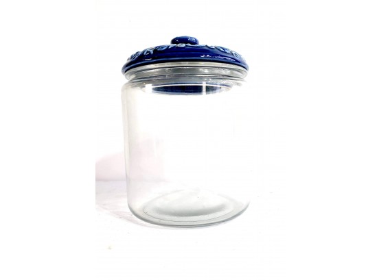Blue Porcelain Top Glass Cookie Jar