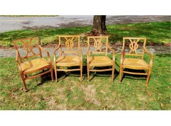 Set Of 4- Rush Seat Arm Chairs With Ornately Carved Chair Back