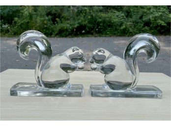 1940s Martinsville Crystal Glass Squirrel Pair Of Bookends