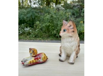 Vintage Lefton Cat Ceramic Figurine And Wind Up Toy