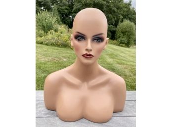 Vintage Mid Century Women's Mannequin Head And Bust With Eyelashes And Makeup, 18.25' Tall