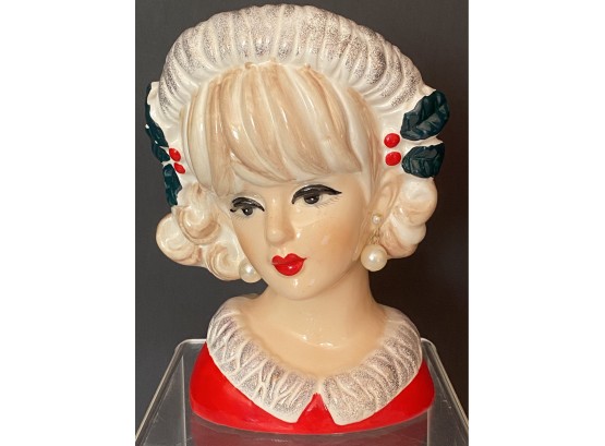 Perfect LARGE  Christmas Lady Head Vase With Earrings 8 In. H 4 In. Base