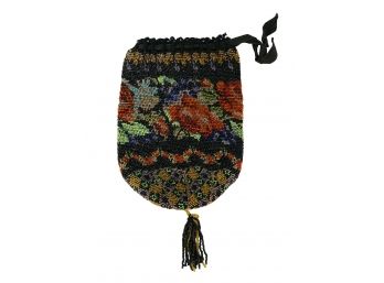 Antique Black Floral Glass Beaded Early Drawstring Bag With Tassel 7in. X 2 In. Without Tassel ( 2in.)