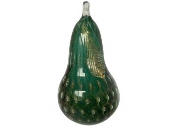 Tall Vintage Controlled Bubble Gold Leaf Art Glass Pear Paperweight With Applied Leaf