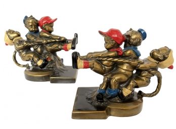RARE Vtg AWESOME PAINT- K And O Brass Bookends 3 Boys And A Dog Tug Of War Made In USA