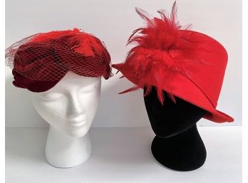 Lot Of 2 Vintage Red Hats: Velvet With Netting By Jonquil- Fedora With Feather By Banash Of Boston