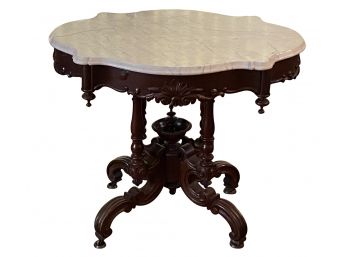 Antique Victorian Marble Top Table Carved Base Central Finial Urn  34' X 26' X 30' H ( READ DESCRIPTION)