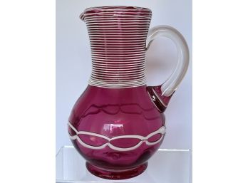 Fabulous Cranberry Glass Pitcher Threaded Applied Neck And Applied Glass Around The Body