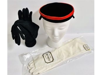 1950's Balck W/velvet Trim Bumper Hat, Black Ruched Gloves, NIP Neyret Paris Opera Gloves ( READ Description)