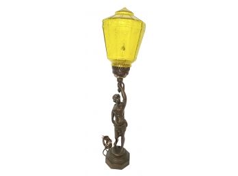 Antique Heavy Bronze Sculpture Converted To Electric Lamp Crackle Glass Lampshade 24' H Tested & Working