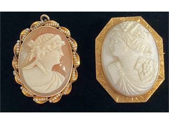 Lot # 2  Of Two Cameos: 10KT Framed White Octagonal Cameo & 10KT Twisted Edged Seed Pearl Cameo