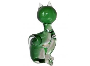 EXQUISITE Almost 9 Inches Tall High Quality Sommerso Art Glass Green And Clear Cat Highly Polished Base