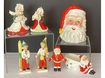 Christmas Vintage Figurine Lot & Santa Head Vase Planter ( READ DESCRIPTION For Specifics)