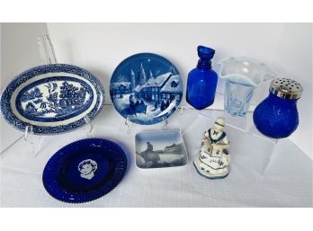 Lot Of 8 Blue Glass And Ceramic Mixed Lot- KPM, B&G Denmark, Staffordshire, England, Germany, US, Hong Kong