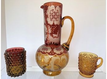 3 Piece Amberina Amber Lot Includes Fabulous Antique Pitcher With Amazing Designs!