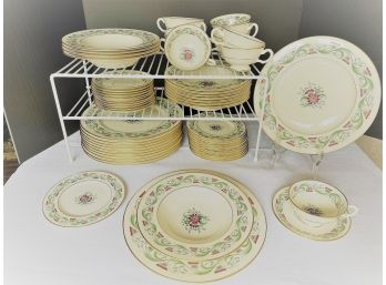 Fifty-eight Pc Lenox 'MONTEREY' Discontinued Vintage 1938 Dinnerware Ivory, Gold Trim, Pink Flowers Green Leaf