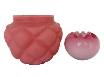Lot Of 2 Pink Satin Glass Items-large Quilted Jar (no Iid) And Glossy Rose Bowl