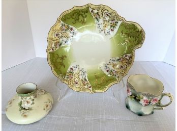 Lot Of 3 Antique Porcelain Pieces: Austria Vase, Unmarked Mug, SAXE Plate With Extended'handle'