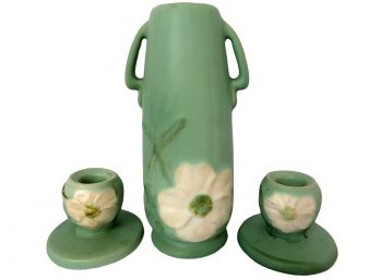 Weller Pottery Dogwood Two Handled Vase And Matching Candle Holders Set