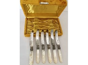 Antique 1800's Set Of 6 Silver Plate Mother Of Pearl Handle Fruit Knives Original Velvet Jewelry Co. Box