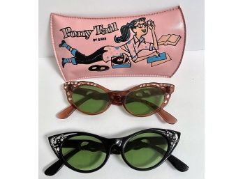 Two Pairs Of 1950's Cat's Eyes Rhinestone Studded Sunglasses And Pink Vinyl Eyeglass Case