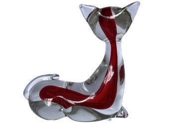 Gorgeous Sommerso Murano Art Glass Cat Clear And Red