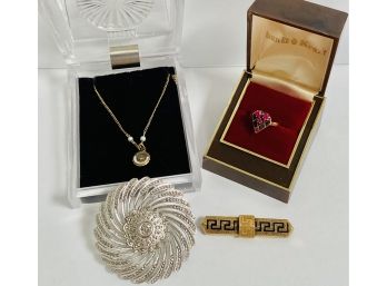 Fine Jewelry Lot: 1920-30 Era 10K Gold Ring, Sterling Art Deco Pin, Victorian Bar Pin, 1927 UB GF Pendant RARE