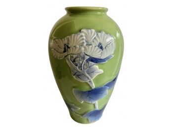 Vintage Ceramic Vase Applied Floral Motif Asian Mark On Bottom 13' Height