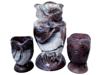 4 Pc. Imperial Glass Purple Slag Glass Owl Covered Candy Dish, Sugar And Creamer Large Owl Missing Eyes