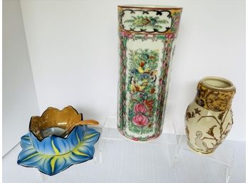 Lot  Of 3 Asian Items- Vase, Lotus Bowl, Jar (missing Lid)