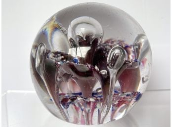 LARGE And Heavy Paperweight- 4x4 Red White And Blue Flowers With Clear Long Bubbles **HAS SCRATCHES- SEE PICS*